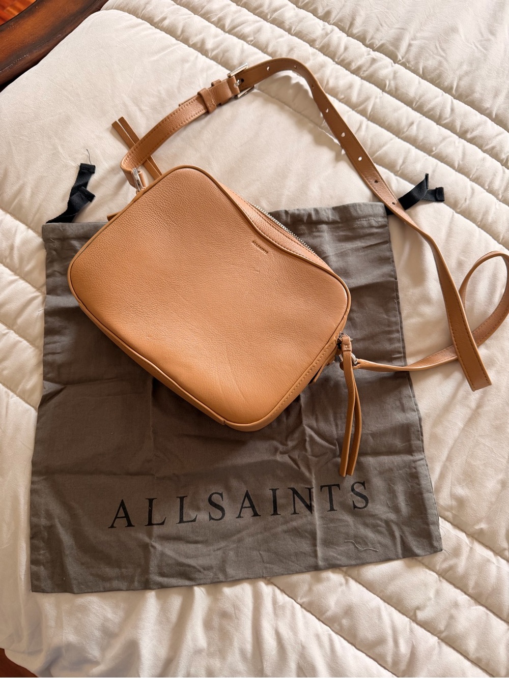 All Saints Camel/Tan Pebbled Leather Crossbody Camera Bag